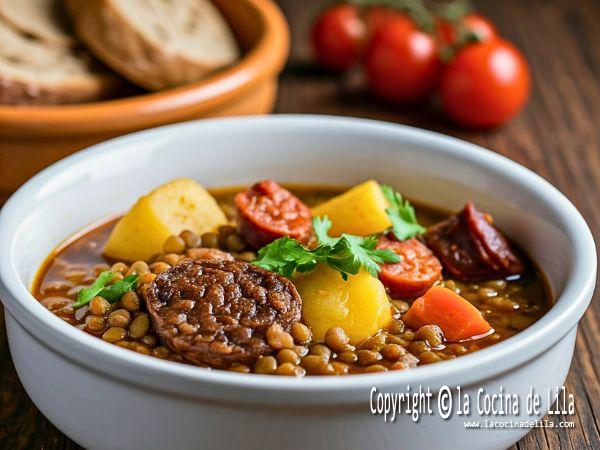 Plato de lentejas caseras con chorizo, morcilla, patatas y verduras, servido en un bol de cerámica.