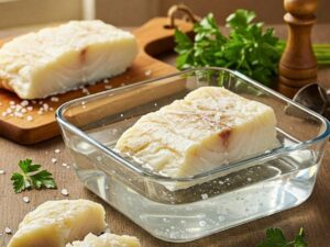 Imagen del proceso de remojo del bacalao para desalar, destacando el contraste entre el bacalao salado y el agua fresca.