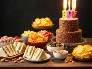 Texto alternativo: Una mesa de cumpleaños repleta de deliciosos aperitivos, como sándwiches, patatas fritas, frutos secos y un pastel de cumpleaños de dos pisos con velas coloridas.