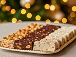 Receta casera de turrón surtido sobre mesa decorada para Navidad.