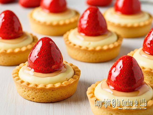 Tartaletas de fresa con crema pastelera, fresas brillantes y base crujiente, postre fácil y rápido para celebraciones.