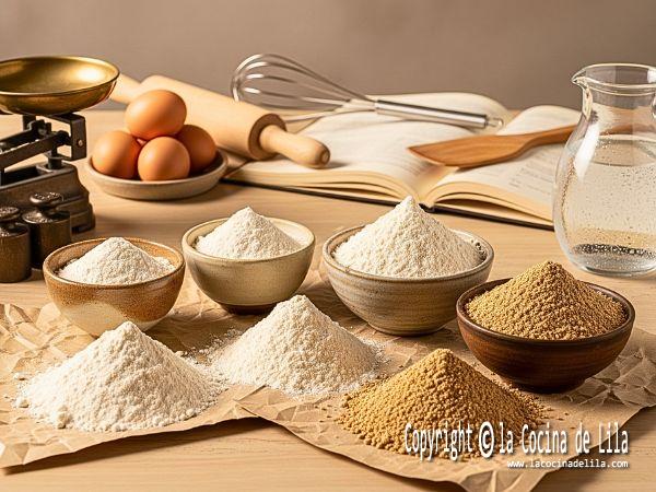 Diferentes tipos de harina de trigo en cuencos con etiquetas según su fuerza y uso culinario.