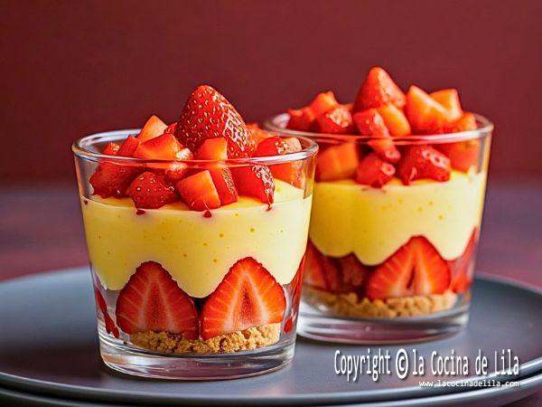 Postre de fresas servido en vaso, con capas de crema pastelera, fresas y galletas