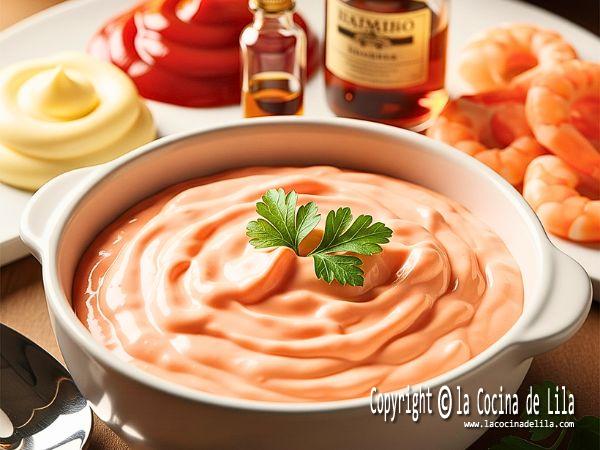 Salsa golf cremosa en cuenco blanco, decorada con perejil, rodeada de langostinos, ketchup, mostaza y whisky.