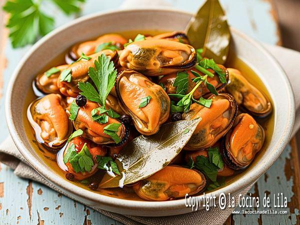 Mejillones en escabeche caseros servidos en plato con vinagreta, receta gallega de conservas de mariscos.
